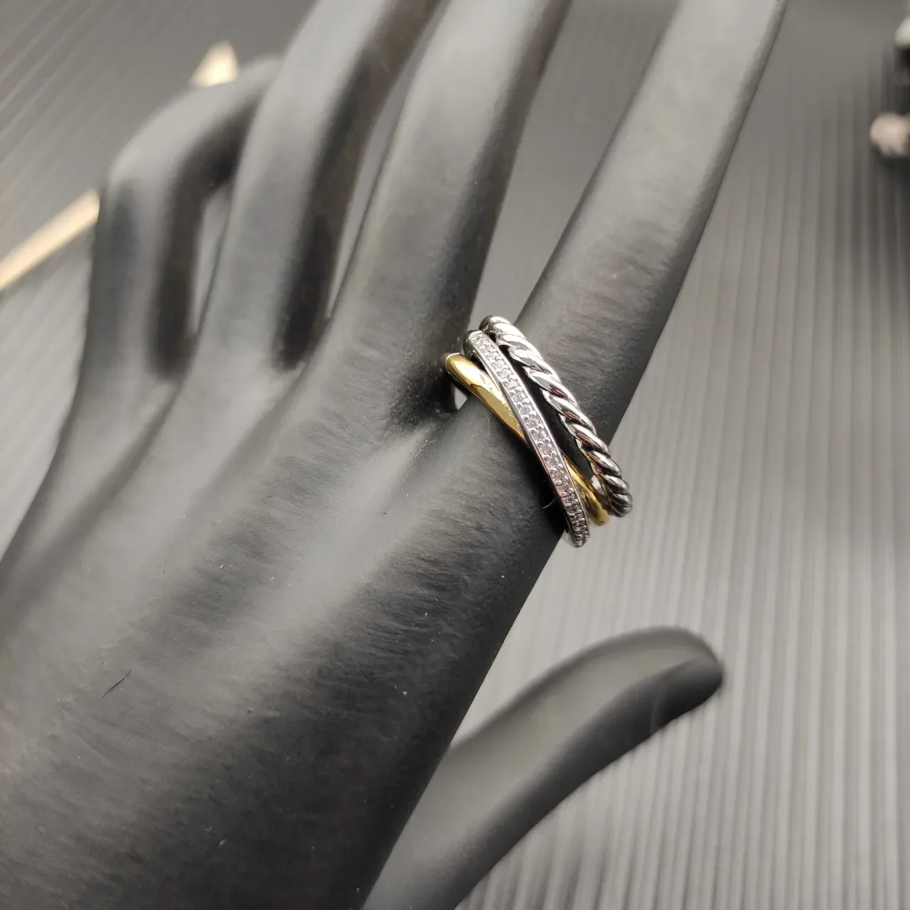 Silver Gold Twisted Rope Band Pavé Diamond Ring 3