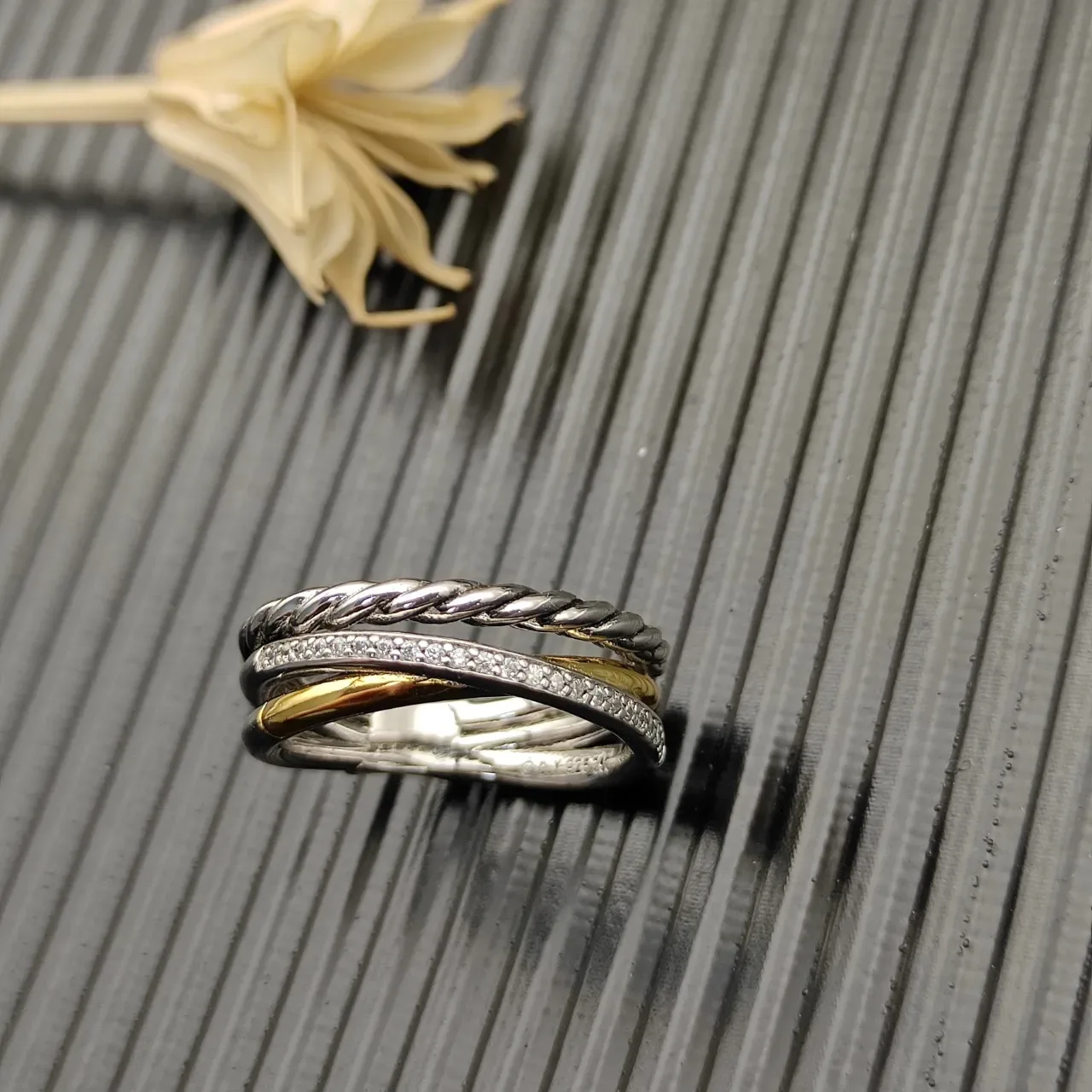 Silver Gold Twisted Rope Band Pavé Diamond Ring 6