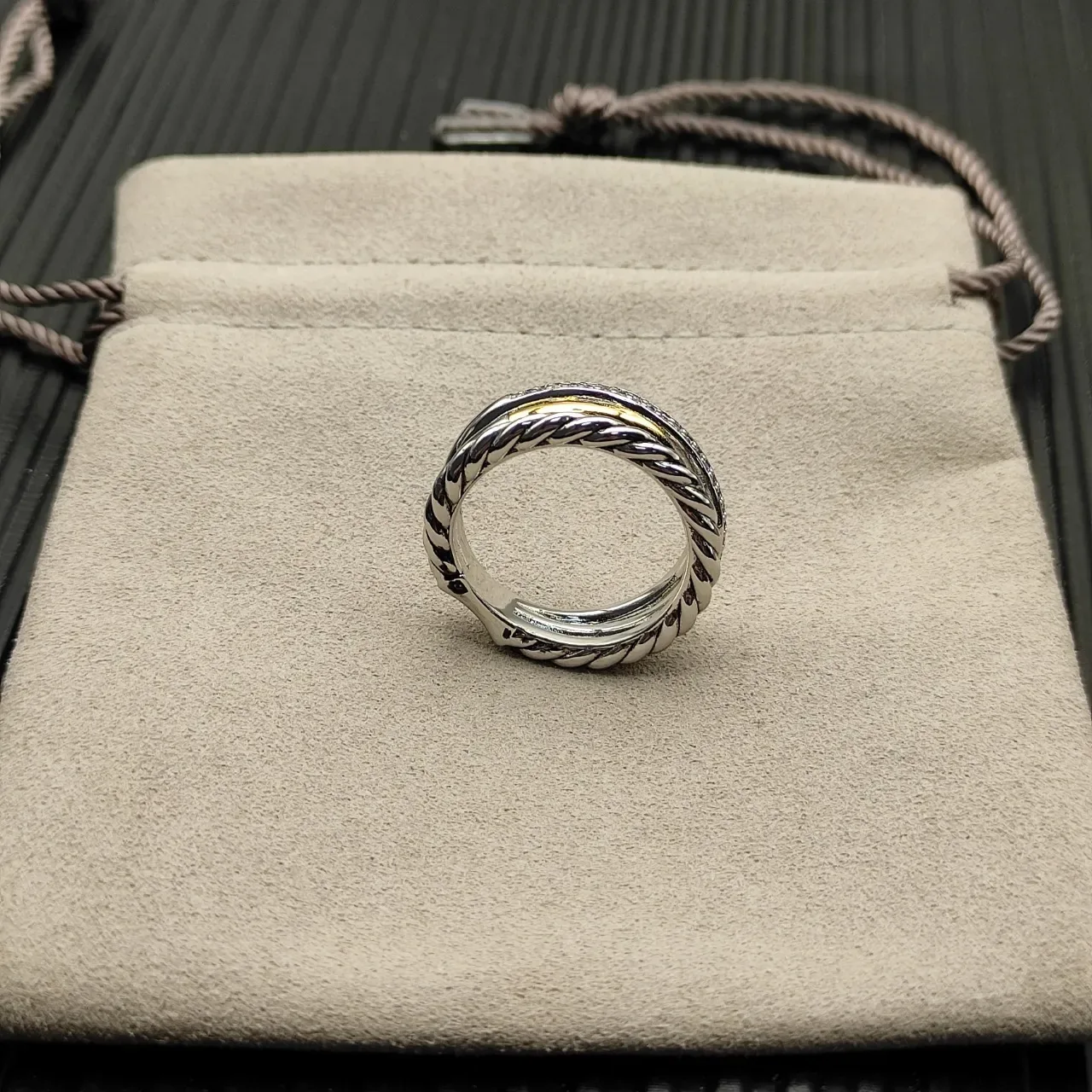 Silver Gold Twisted Rope Band Pavé Diamond Ring 8