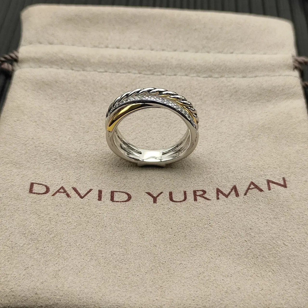Silver Gold Twisted Rope Band Pavé Diamond Ring 9