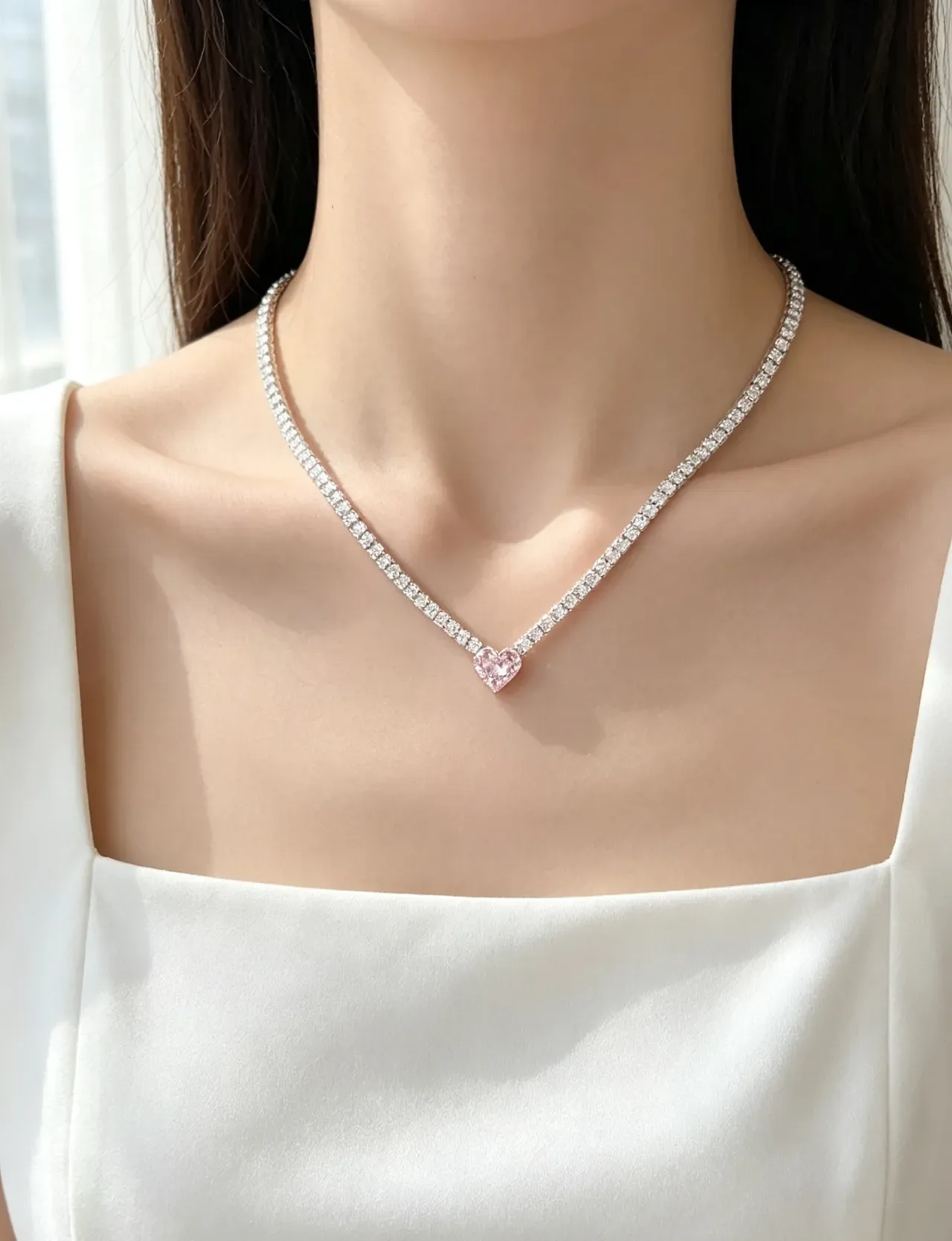 Silver Pink Pavé-Set Tennis Chain Heart-Shaped Central Pendant Necklace 2