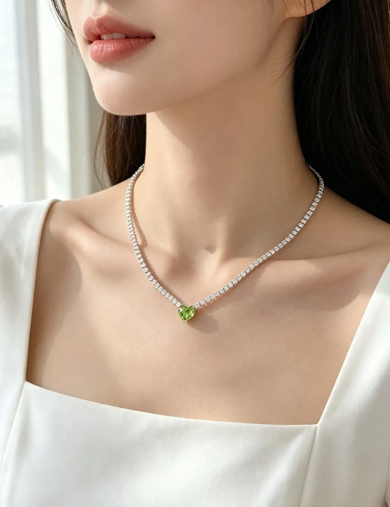 Silver Pink Pavé-Set Tennis Chain Heart-Shaped Central Pendant Necklace 3