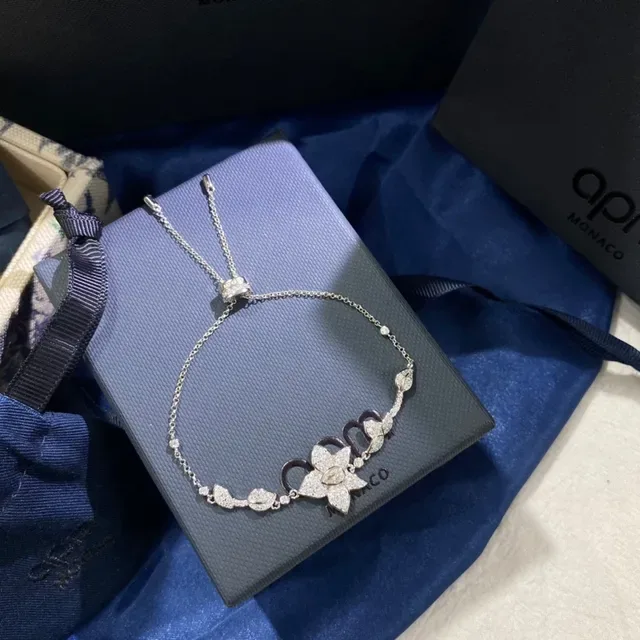 Silver-Tone Crystal Floral Motif Adjustable Chain Bracelet 8