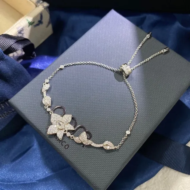 Silver-Tone Crystal Floral Motif Adjustable Chain Bracelet 9