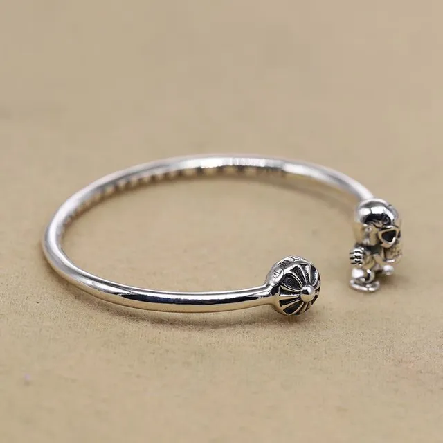 Silver-Toned Skull Charm Open Bangle Bracelet 3
