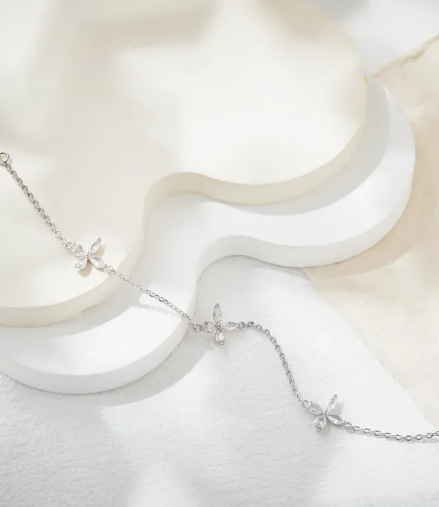 Silver Transparent Chain Three Floral Crystal Motifs Bracelet 4