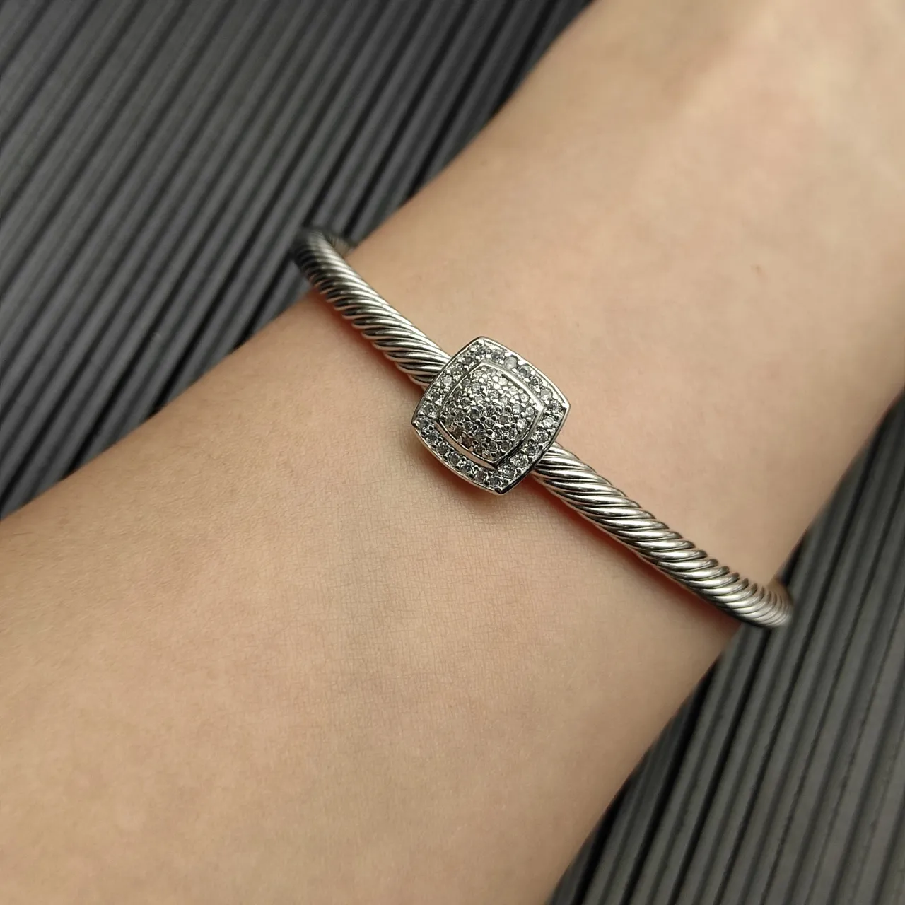 Silver Twisted Cable Pavé Square Centerpiece Open Cuff Bracelet 2