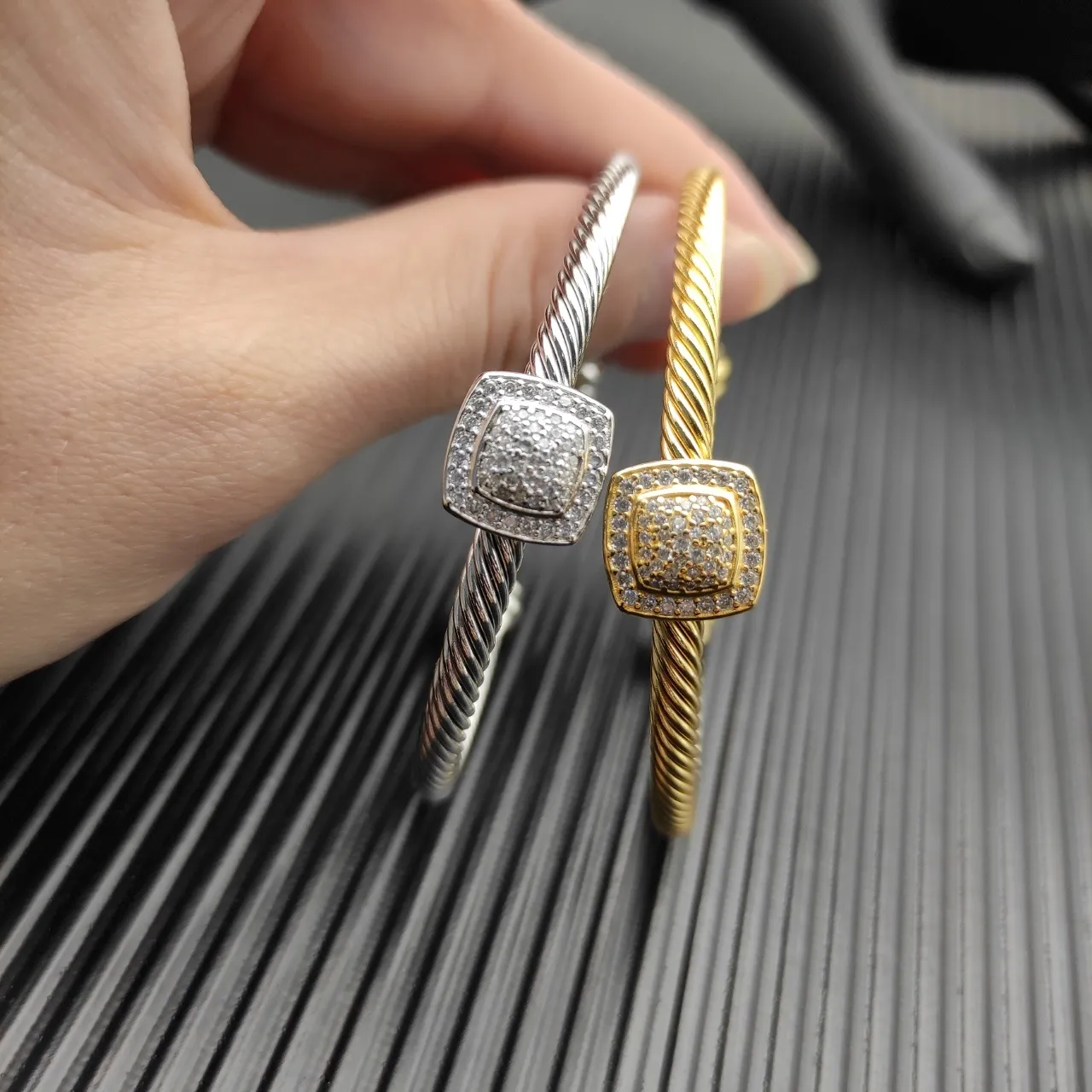Silver Twisted Cable Pavé Square Centerpiece Open Cuff Bracelet 4