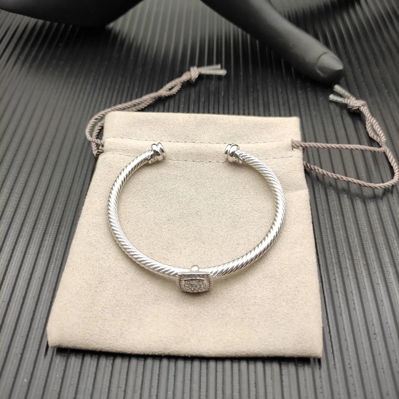 Silver Twisted Cable Pavé Square Centerpiece Open Cuff Bracelet 5