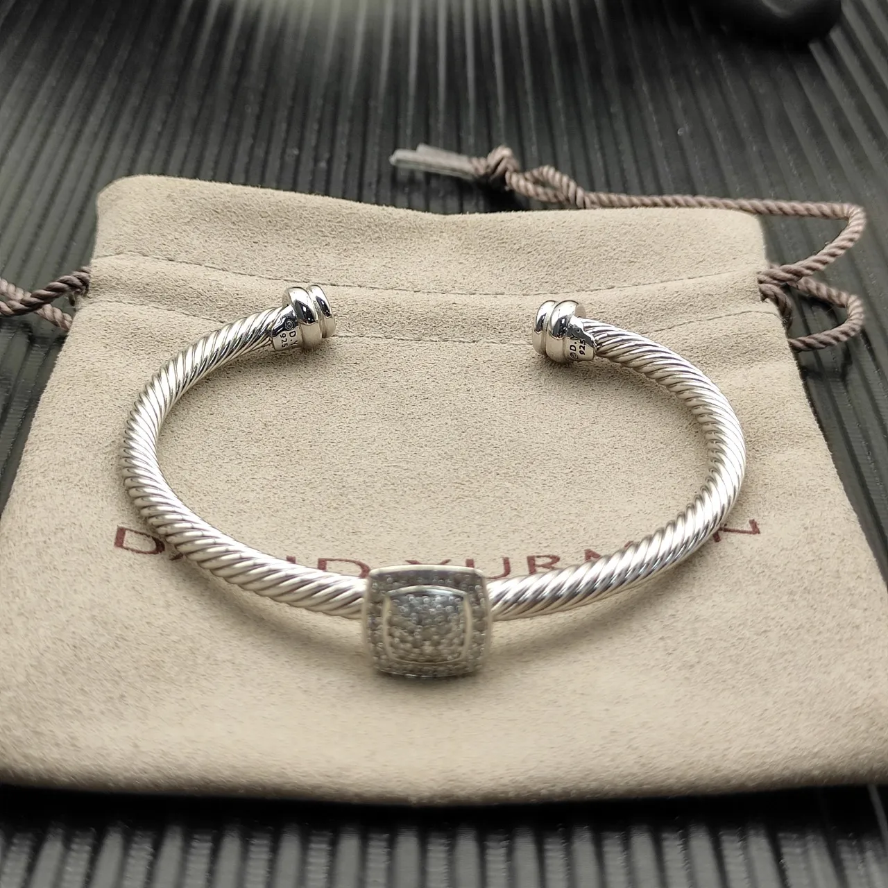 Silver Twisted Cable Pavé Square Centerpiece Open Cuff Bracelet 6