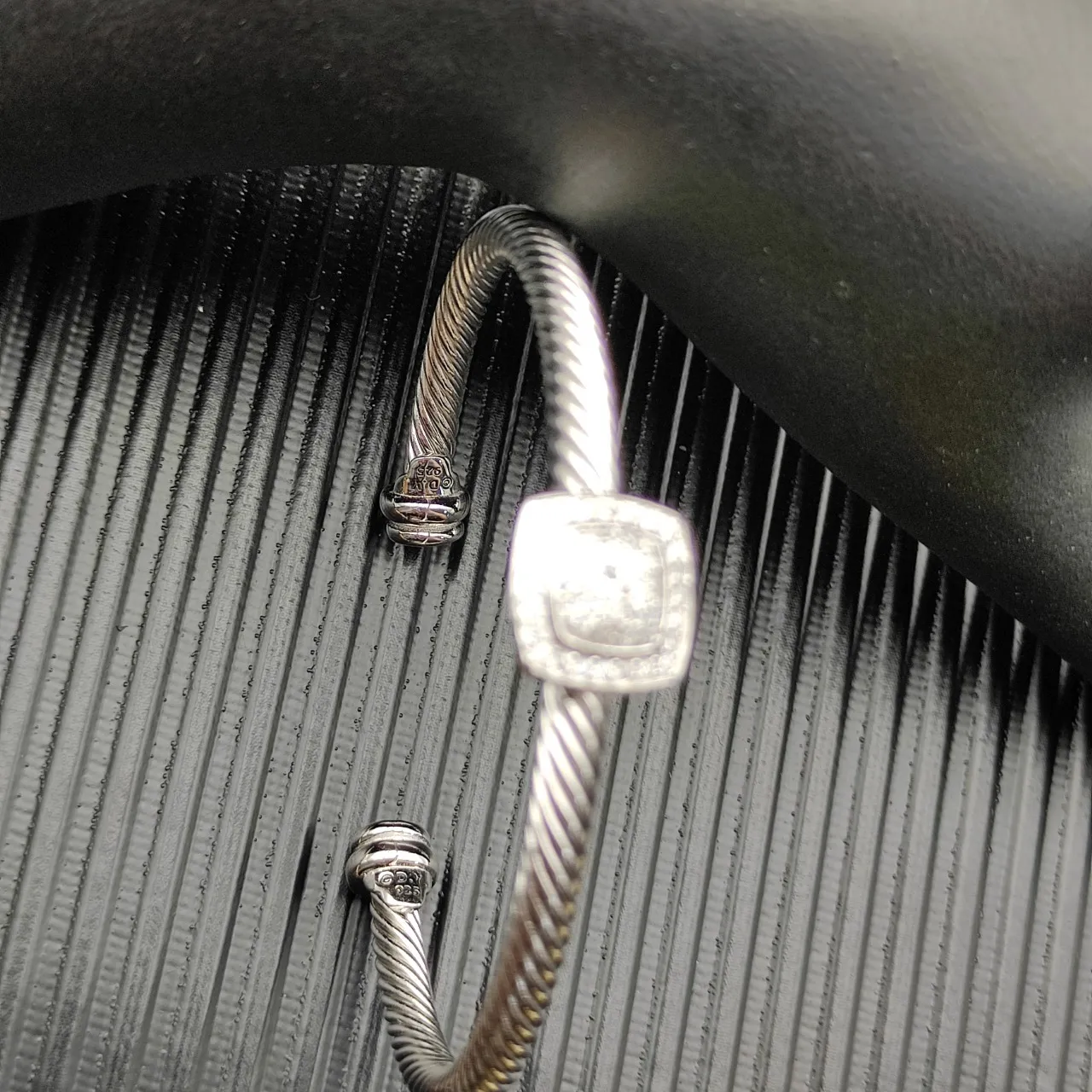 Silver Twisted Cable Pavé Square Centerpiece Open Cuff Bracelet 7