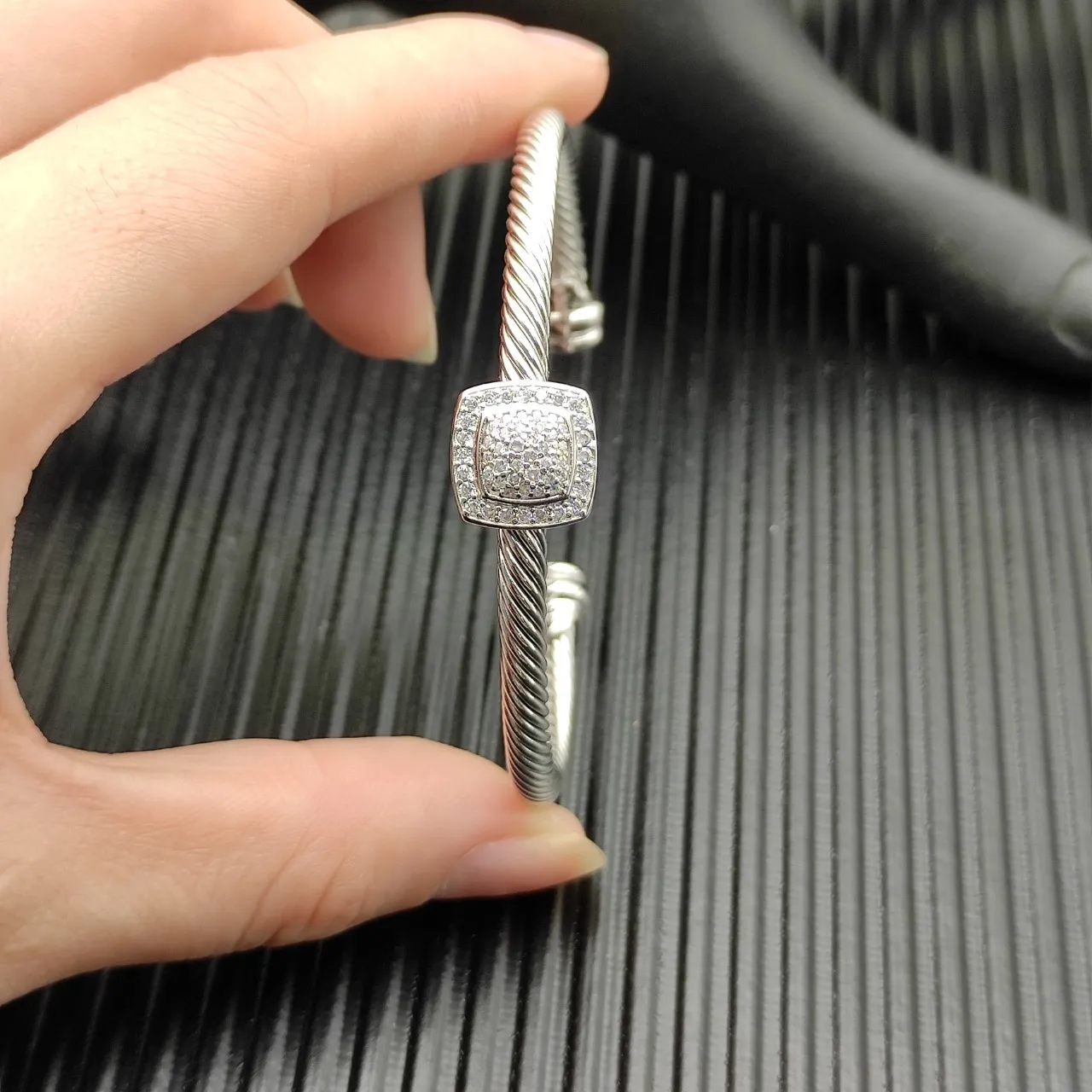 Silver Twisted Cable Pavé Square Centerpiece Open Cuff Bracelet 8
