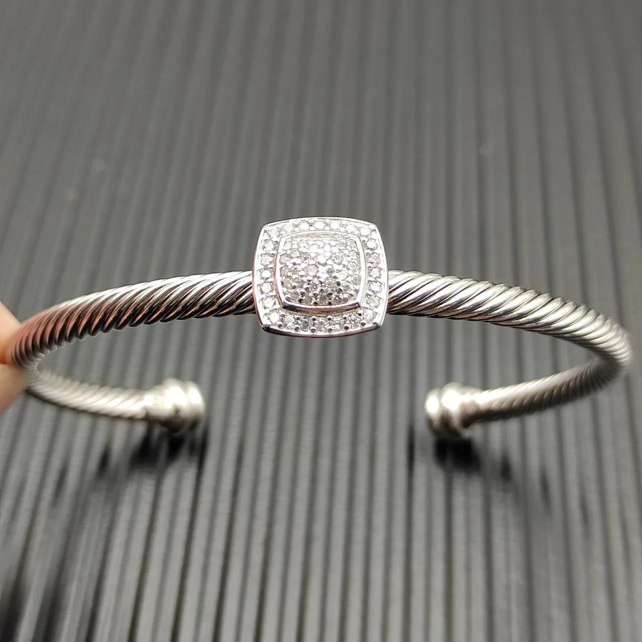 Silver Twisted Cable Pavé Square Centerpiece Open Cuff Bracelet 9