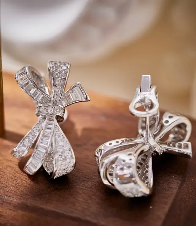 Silver White Bow-Shaped Pavé-Set Earrings 2