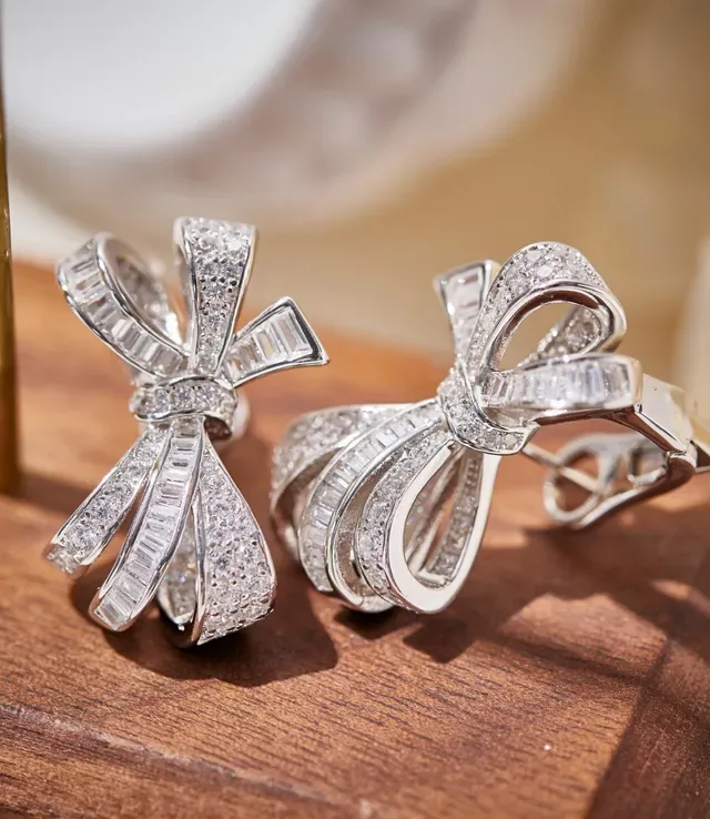 Silver White Bow-Shaped Pavé-Set Earrings 3