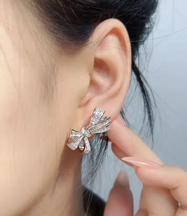 Silver White Bow-Shaped Pavé-Set Earrings 4