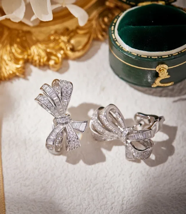 Silver White Bow-Shaped Pavé-Set Earrings 7