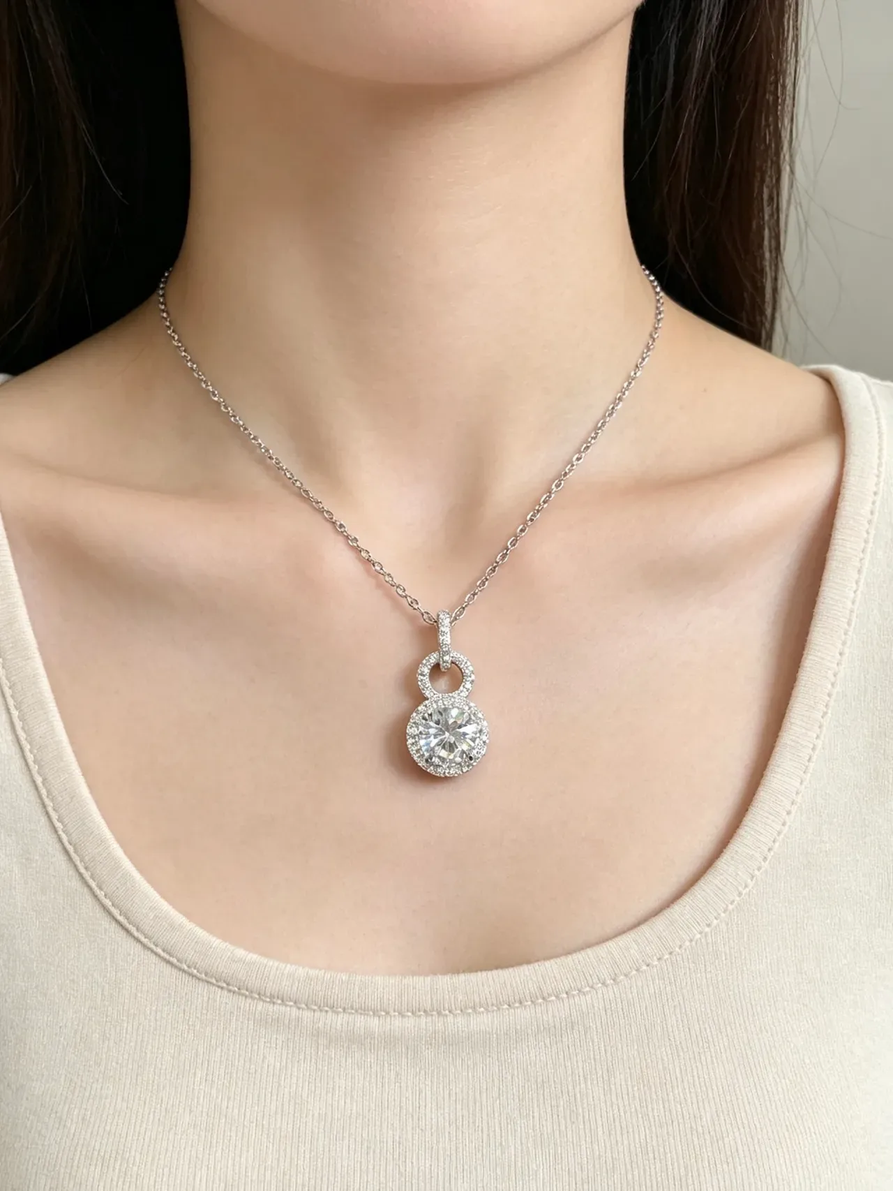 Collar Plata Blanca Péndant Halo Doble Bucle Piedra Central Brillante Redonda 2