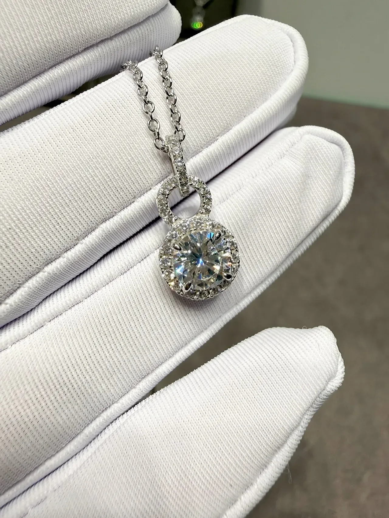 Collar Plata Blanca Péndant Halo Doble Bucle Piedra Central Brillante Redonda 4