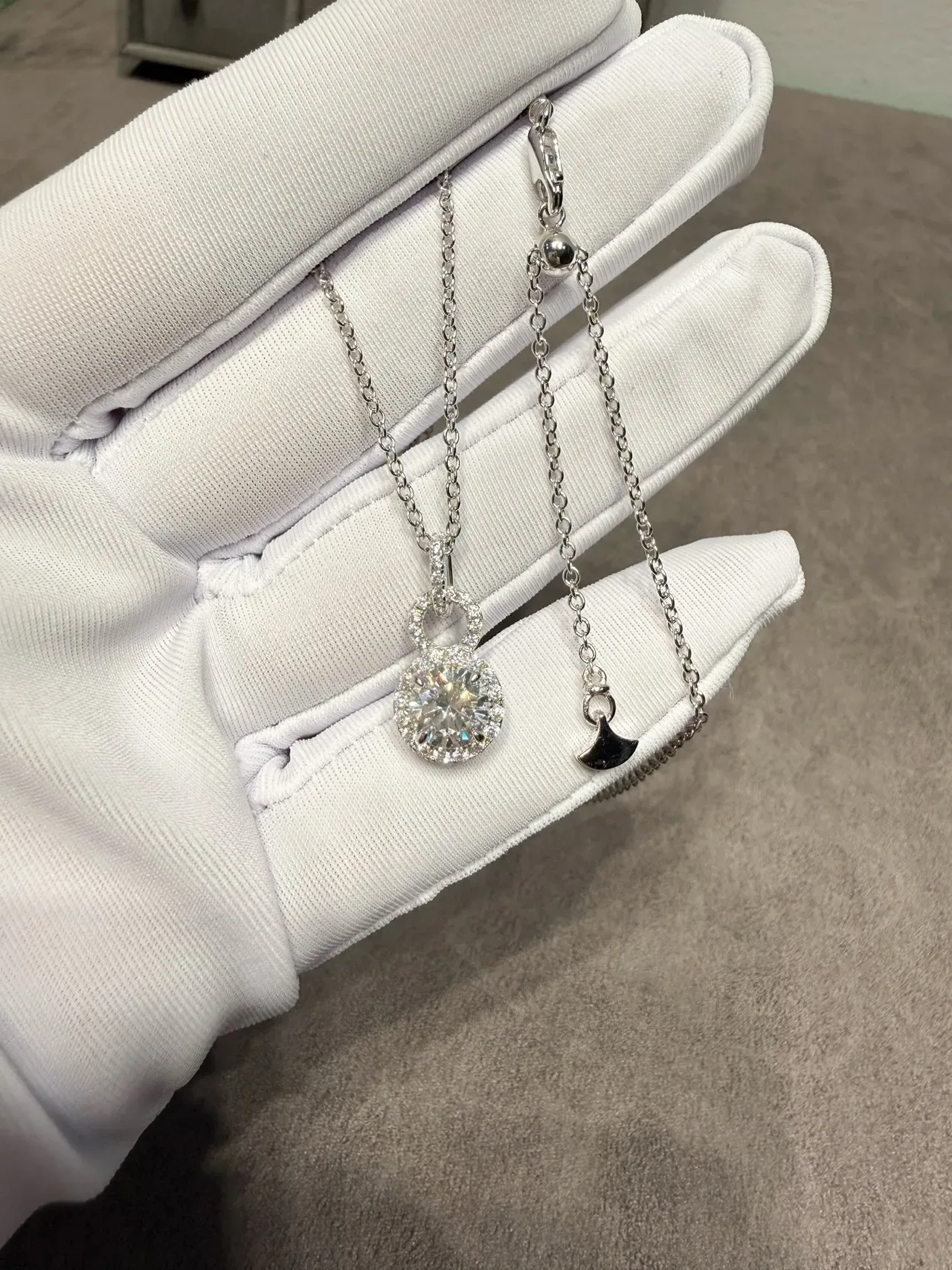 Collar Plata Blanca Péndant Halo Doble Bucle Piedra Central Brillante Redonda 6