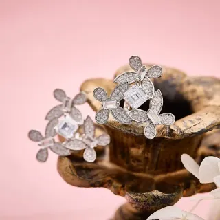 Silver White Floral Motif Pavé-Set Leaves Earrings