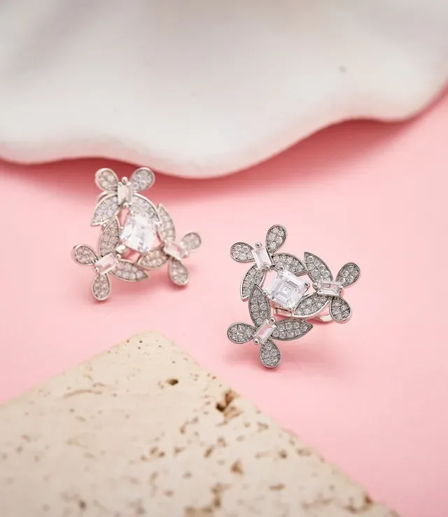 Silver White Floral Motif Pavé-Set Leaves Earrings 2