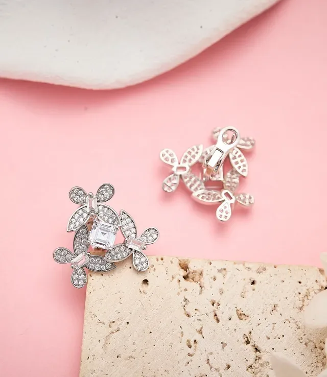 Silver White Floral Motif Pavé-Set Leaves Earrings 3