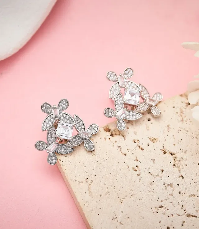 Silver White Floral Motif Pavé-Set Leaves Earrings 4