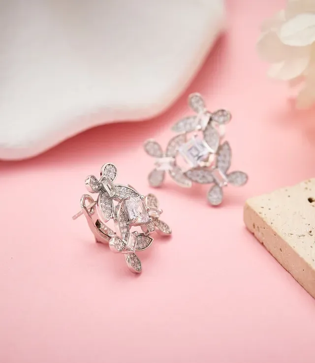 Silver White Floral Motif Pavé-Set Leaves Earrings 5
