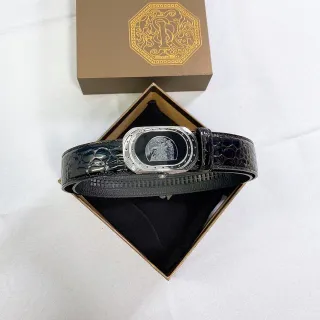 Stefano Ricci Black Silver Glossy Crocodile-Embossed Ornate Oval Buckle Leather Belt