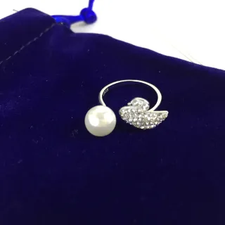 Sterling Silver Swan Motif Pearl and Pavé Crystal Open Ring