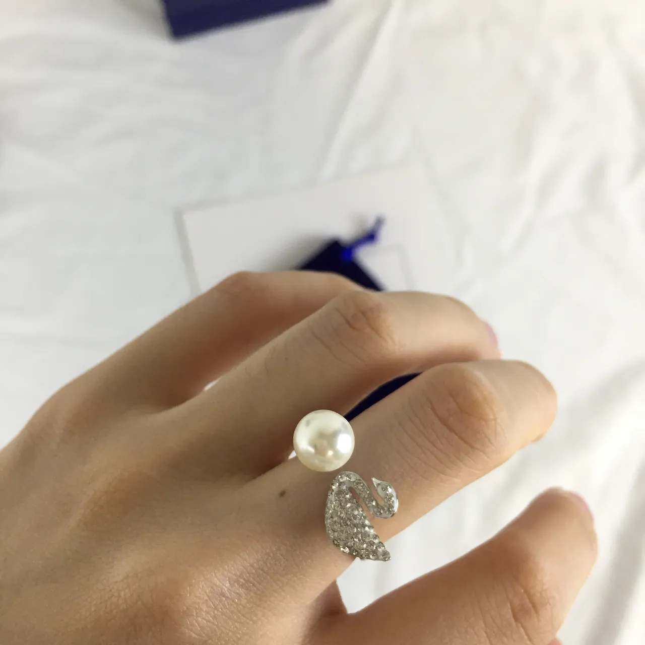 Sterling Silver Swan Motif Pearl and Pavé Crystal Open Ring 2