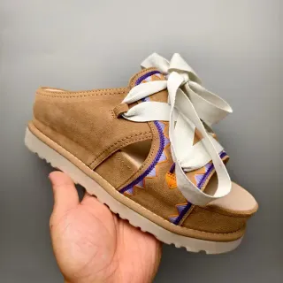 Tan Suede Embroidered Ribbon Lace-Up Platform Casual Sandals