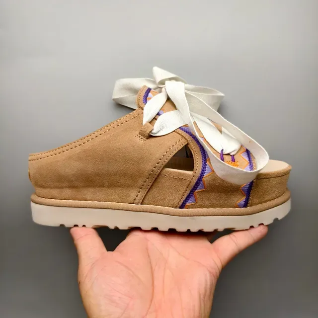 Tan Suede Embroidered Ribbon Lace-Up Platform Casual Sandals 2