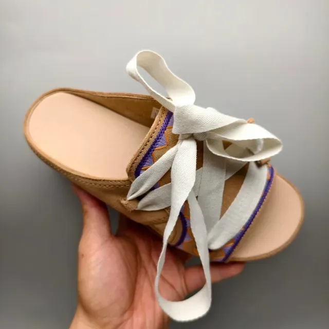 Tan Suede Embroidered Ribbon Lace-Up Platform Casual Sandals 3