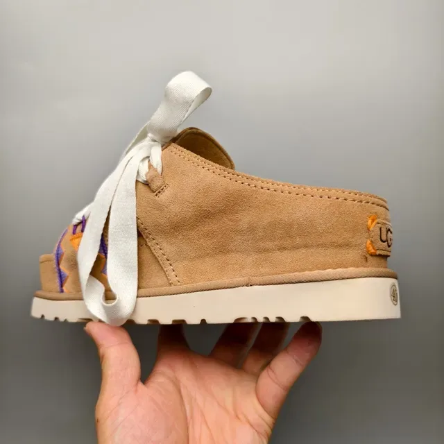 Tan Suede Embroidered Ribbon Lace-Up Platform Casual Sandals 4