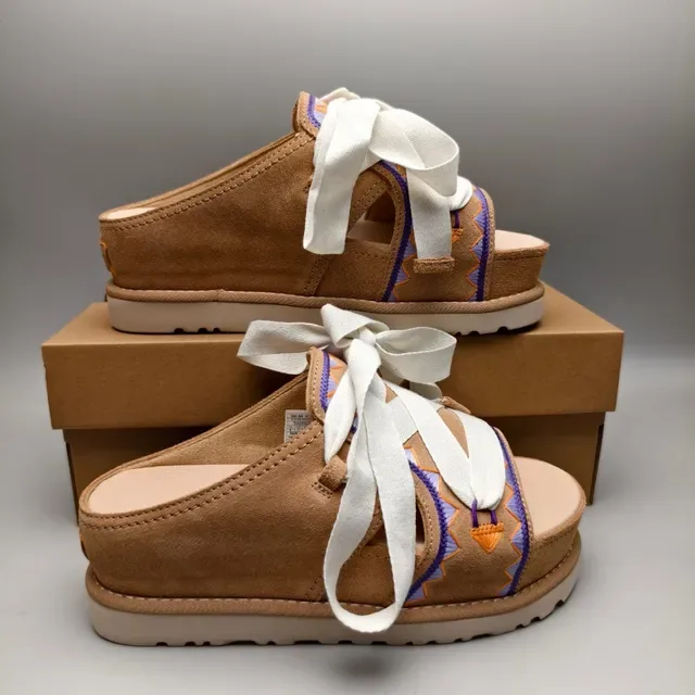 Tan Suede Embroidered Ribbon Lace-Up Platform Casual Sandals 5