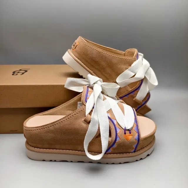 Tan Suede Embroidered Ribbon Lace-Up Platform Casual Sandals 6
