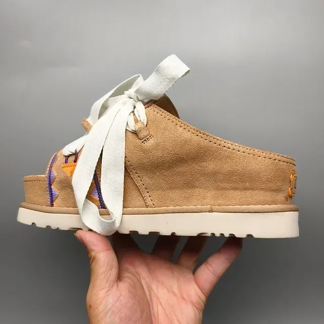 Tan Suede Embroidered Ribbon Lace-Up Platform Casual Sandals 7