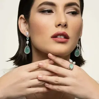 Teardrop Green Stone Pavé-Set Three-Tier Drop Earrings