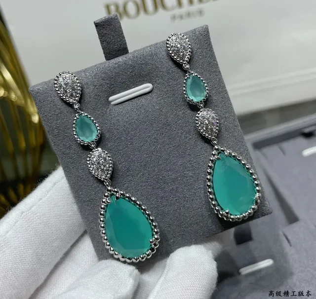 Teardrop Green Stone Pavé-Set Three-Tier Drop Earrings 4