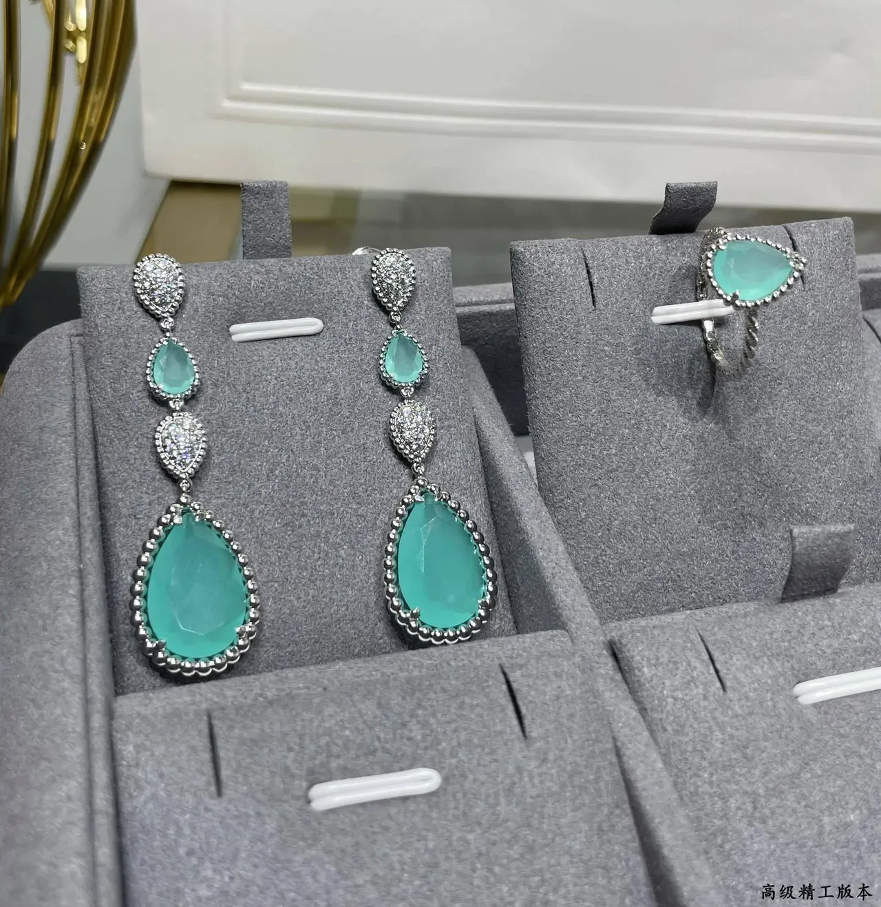 Teardrop Green Stone Pavé-Set Three-Tier Drop Earrings 5