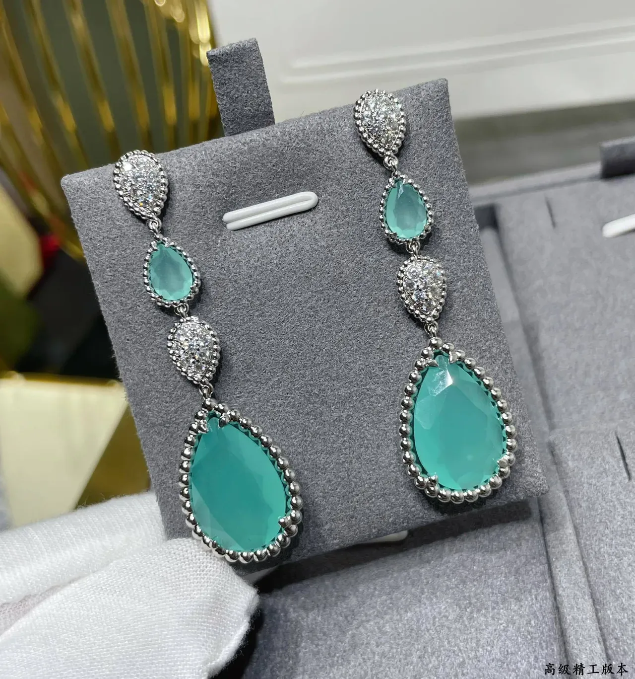 Teardrop Green Stone Pavé-Set Three-Tier Drop Earrings 6