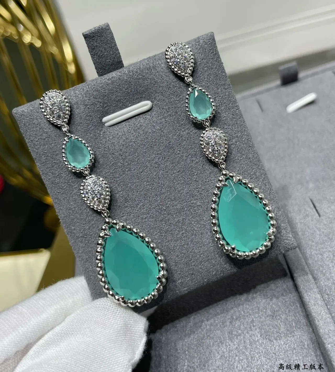 Teardrop Green Stone Pavé-Set Three-Tier Drop Earrings 7