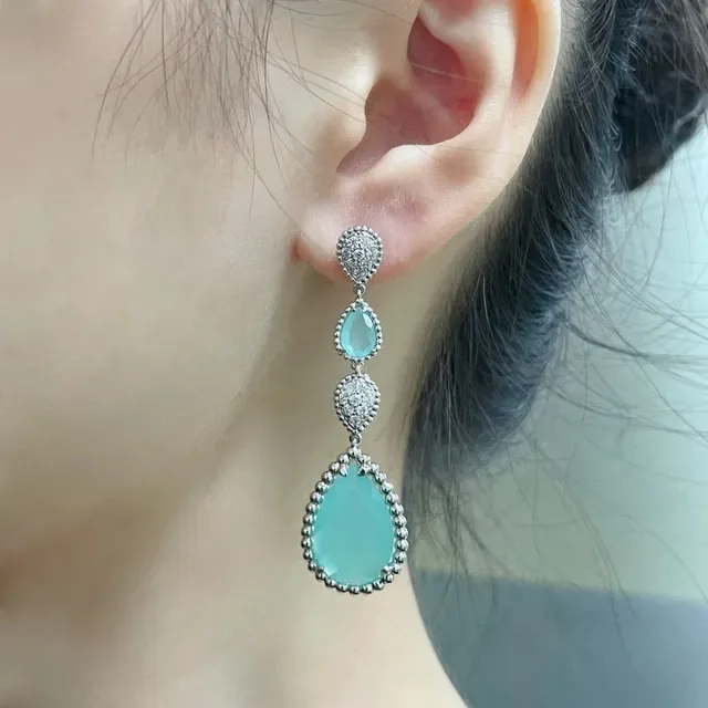 Teardrop Green Stone Pavé-Set Three-Tier Drop Earrings 8