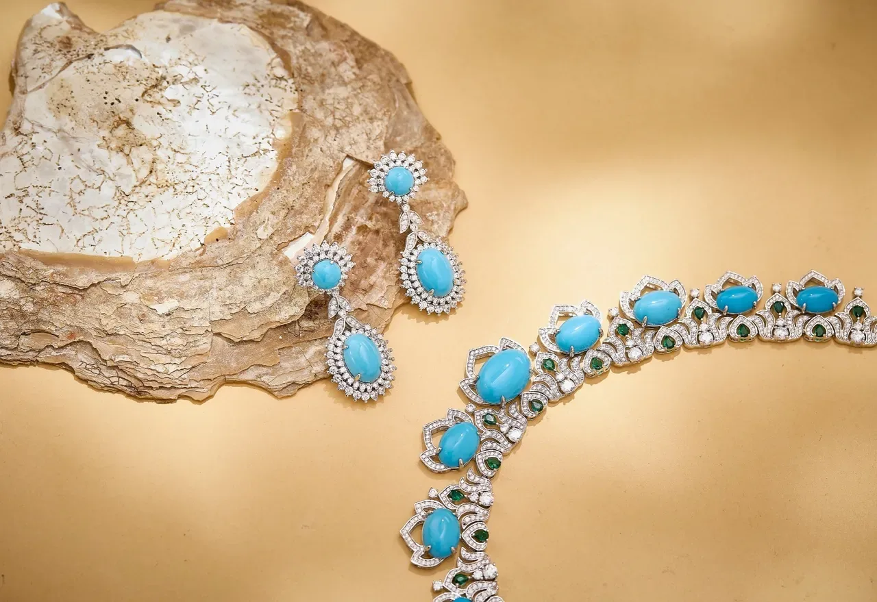 Turquoise and Green Gemstone Pavé Diamond Collar Necklace 2