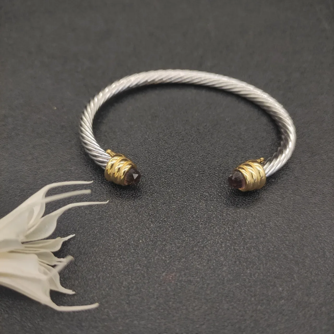 Twisted Cable Two-Tone Gemstone Terminal Bracelet 8