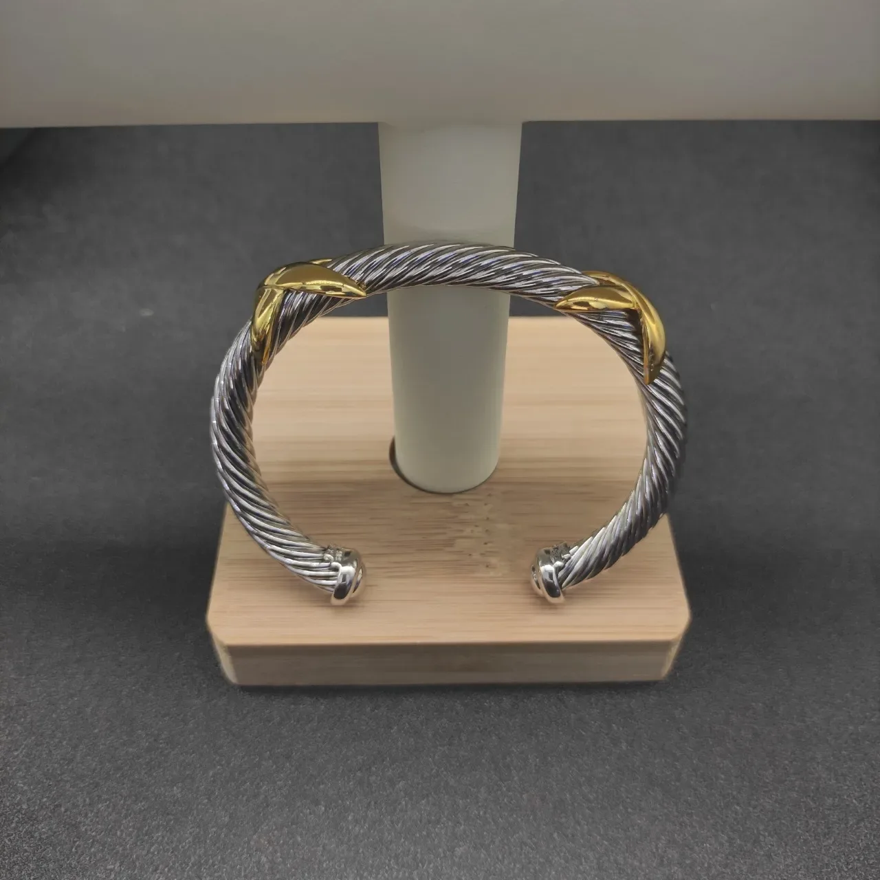 Twisted Cable Two-Tone Leaf Accent Open Cuff Bracelet 3