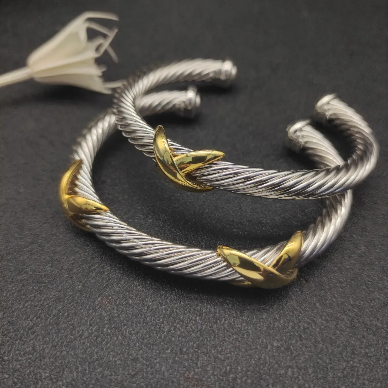 Twisted Cable Two-Tone Leaf Accent Open Cuff Bracelet 5