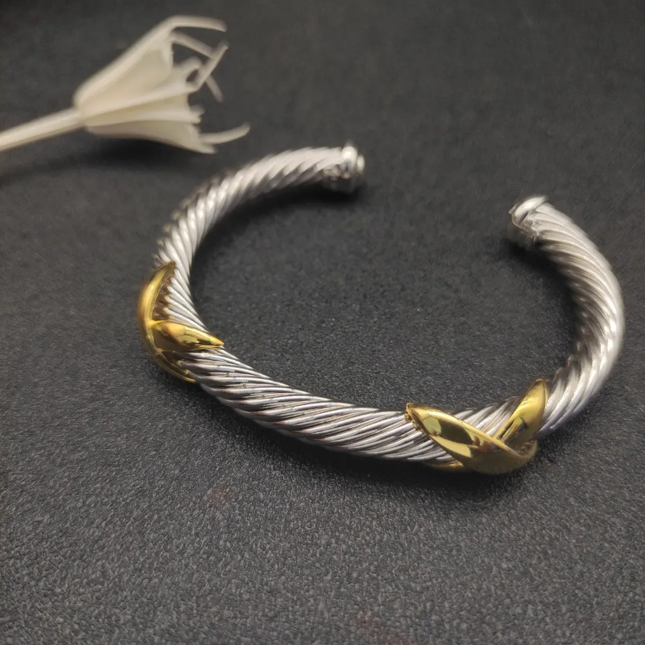 Twisted Cable Two-Tone Leaf Accent Open Cuff Bracelet 6